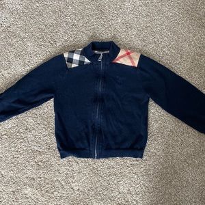 Burberry Kids Navy Sweater with Check Pattern. Cardigan style. Light weight.
